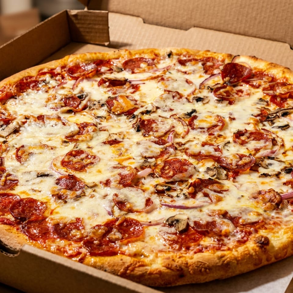 Large pepperoni, mushroom, onion, and sausage pizza with melted cheese in an open cardboard delivery box.