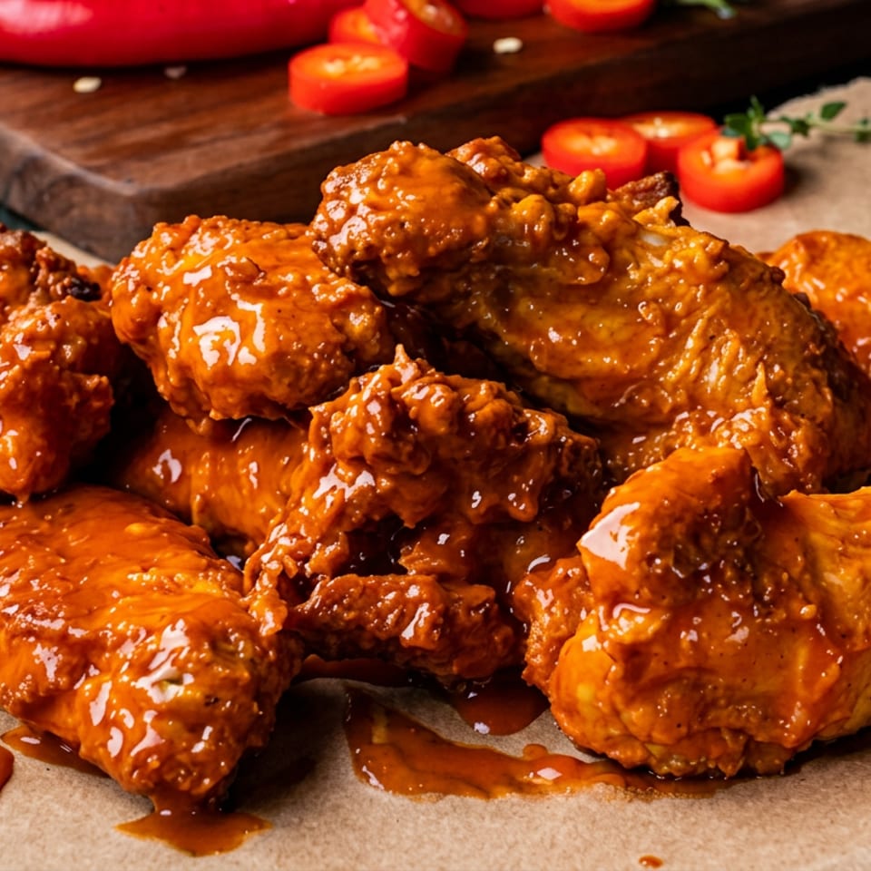 Pile of crispy fried chicken wings coated in glossy orange sauce, arranged on parchment with tomatoes and peppers in the background.