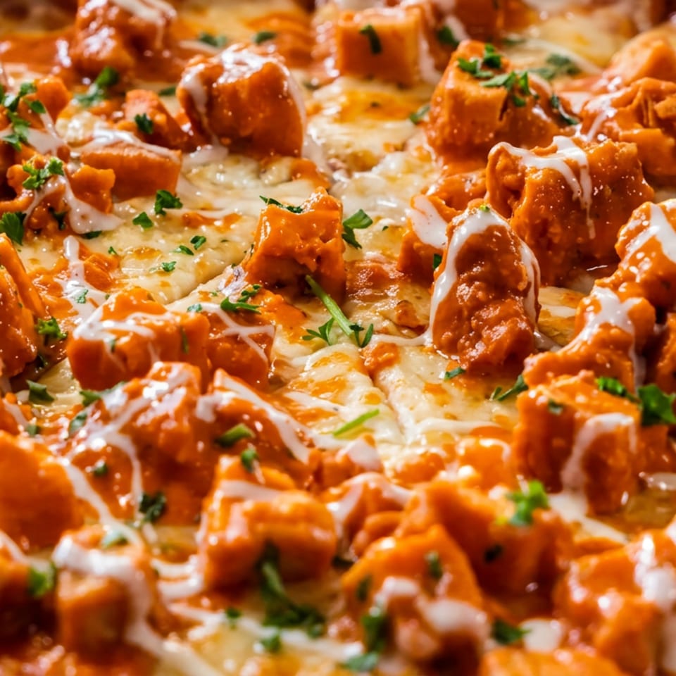 Close-up of cheesy pizza topped with orange-sauced chicken pieces, white drizzle, and chopped parsley.